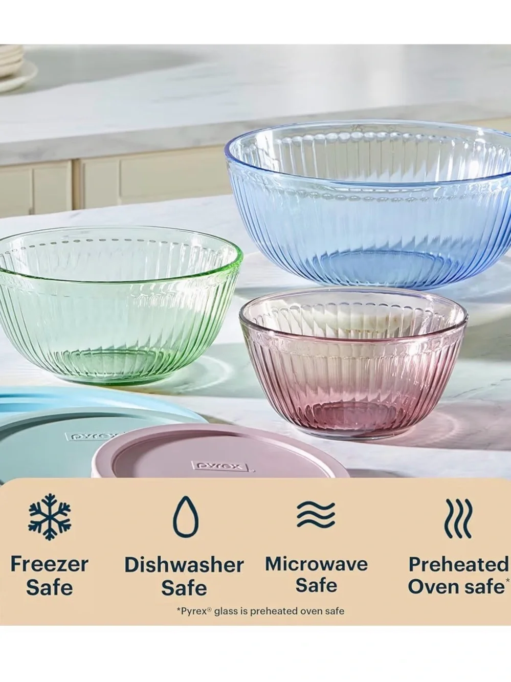 PYREX NWT 3pc Colors Tinted (3-Pack) Sculpted Tinted S, M, L, Glass Mixing Bowls